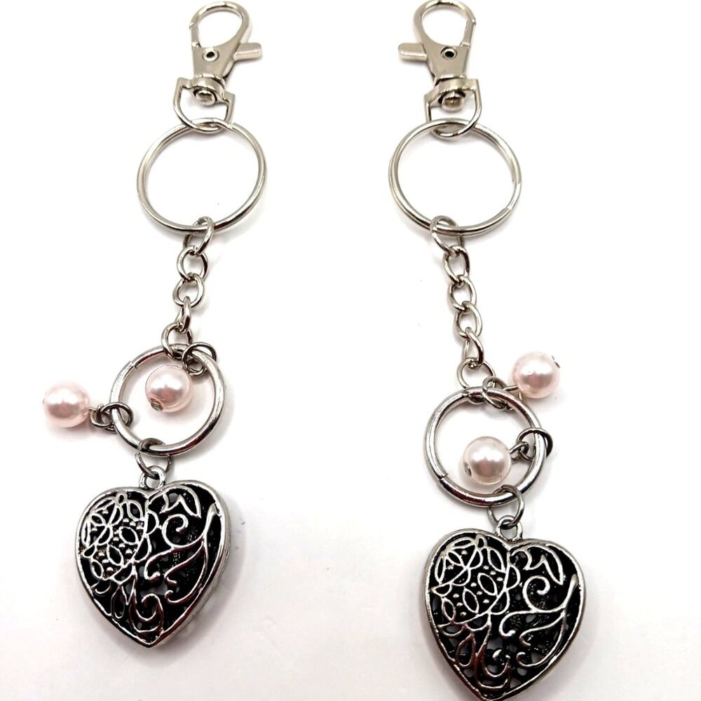 Silver + Black Heart 5 Inch Keychain or Purse Charm Lot Of 2